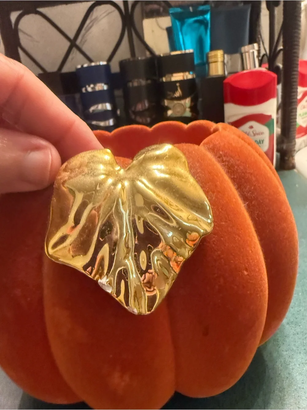 Bath & body Works  Velvet Orange Decorative Pumpkin with Gold Leaf Accent